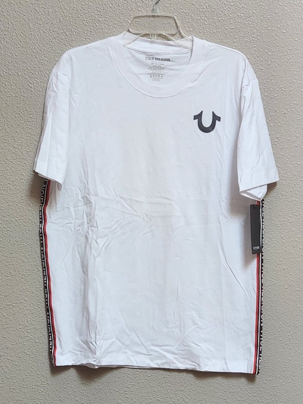 TRUE RELIGION Men's White Side Logo Stripe T-Shirt- Large - NEW NWT